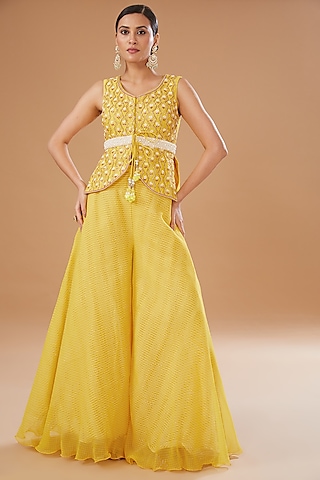 Yellow Raw Silk Embroidered Peplum Jacket Set by Yashodhara