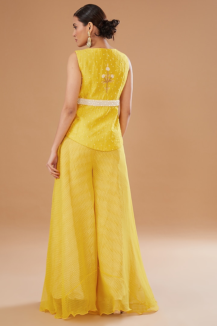 Yellow Raw Silk Embroidered Peplum Jacket Set by Yashodhara at Pernia's Pop Up Shop