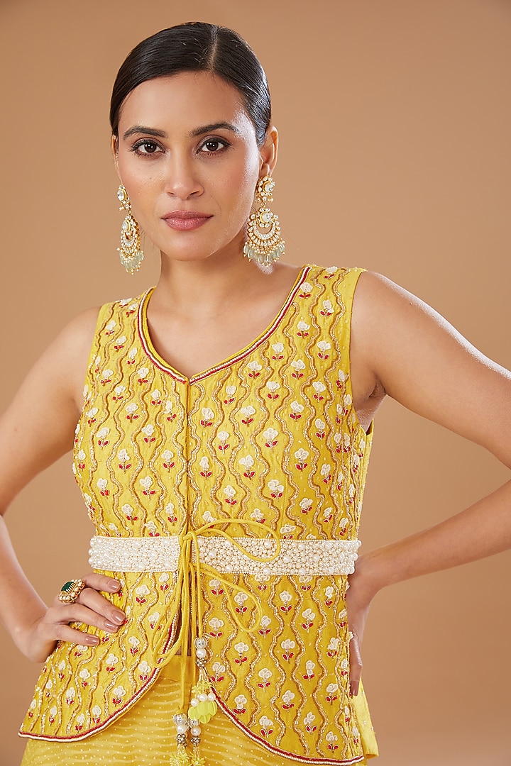 Yellow Raw Silk Embroidered Peplum Jacket Set by Yashodhara at Pernia's Pop Up Shop