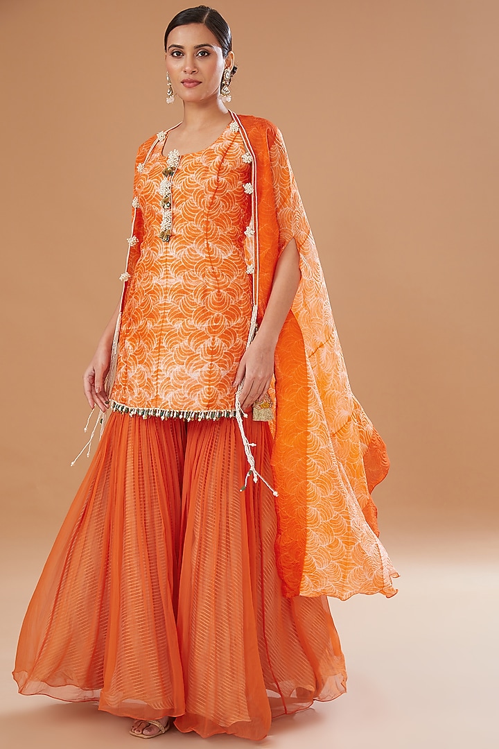 Orange Raw Silk Shibori Embroidered Kurta Set by Yashodhara at Pernia's Pop Up Shop