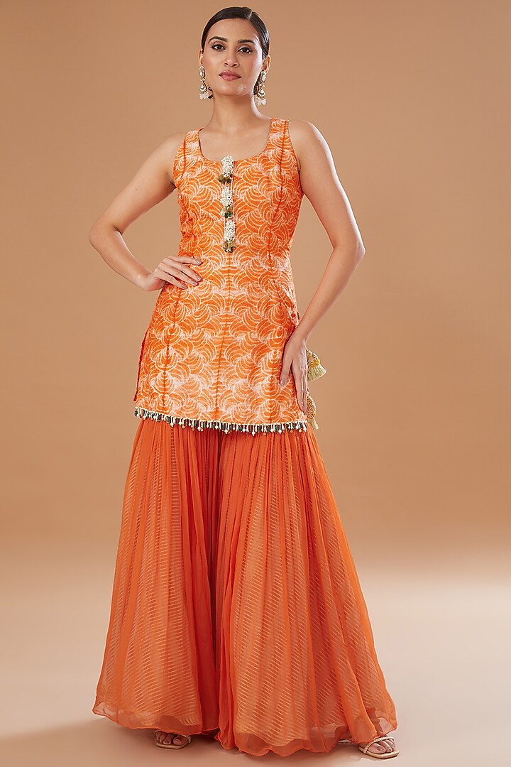 Orange Raw Silk Shibori Embroidered Kurta Set by Yashodhara at Pernia's Pop Up Shop