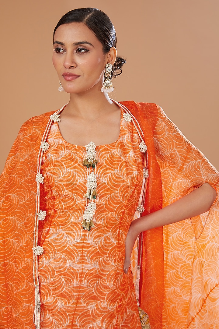 Orange Raw Silk Shibori Embroidered Kurta Set by Yashodhara at Pernia's Pop Up Shop