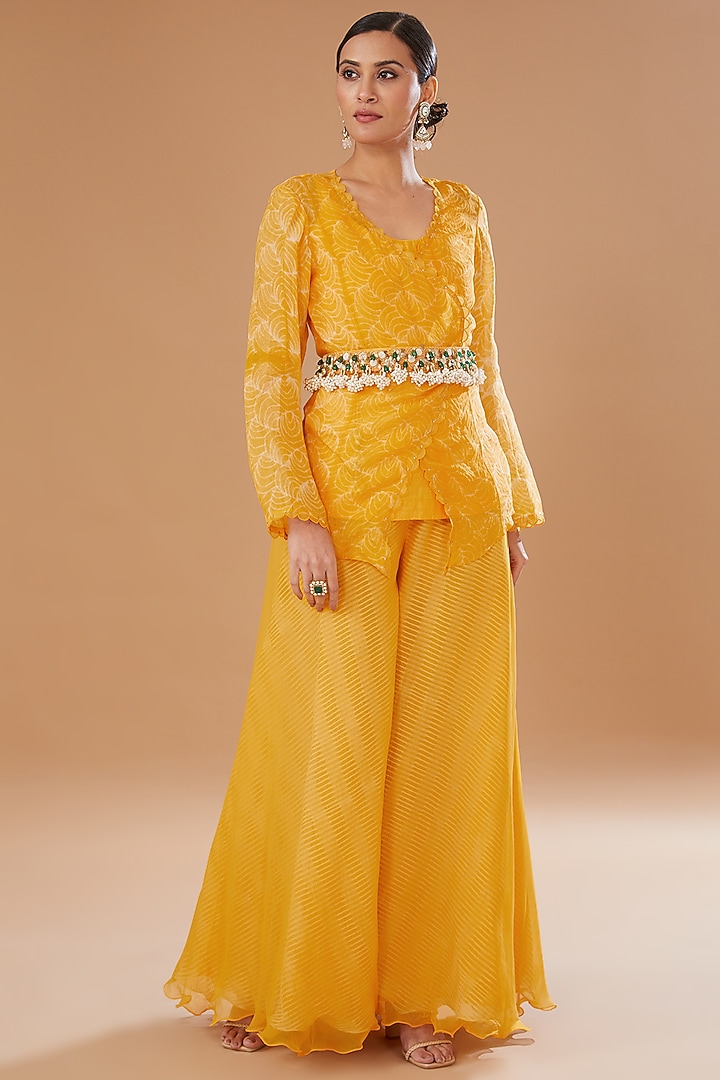 Yellow Organza Shibori Embroidered Jacket Set by Yashodhara at Pernia's Pop Up Shop