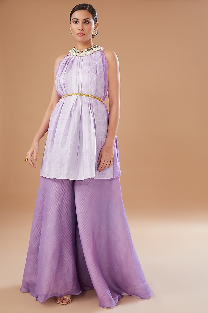 Lilac Organza Shibori Embroidered High Neck Kurta Set by Yashodhara at Pernia's Pop Up Shop