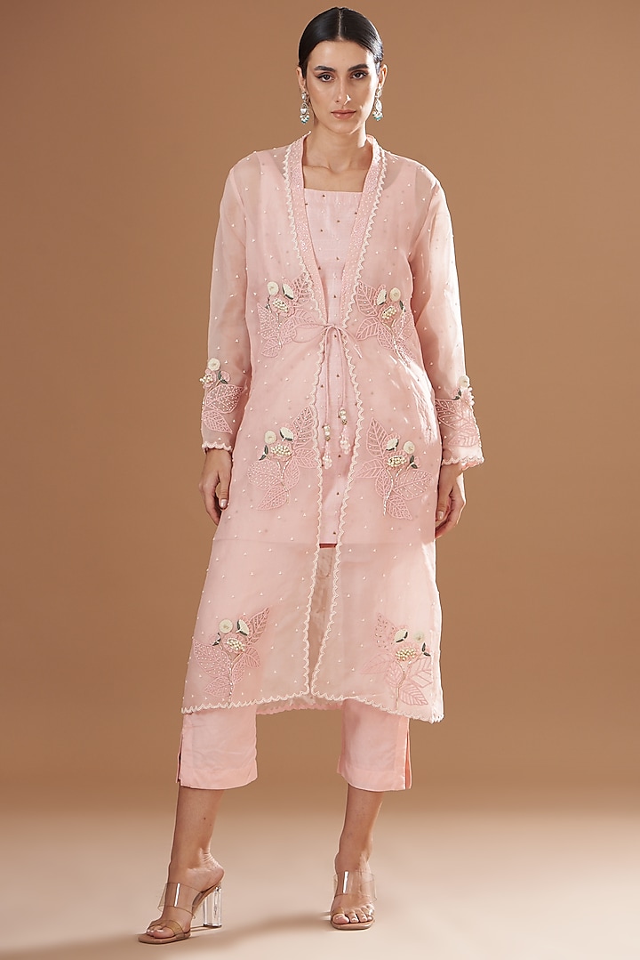 Pink Organza & Raw Silk Embroidered Jacket Set by Yashodhara