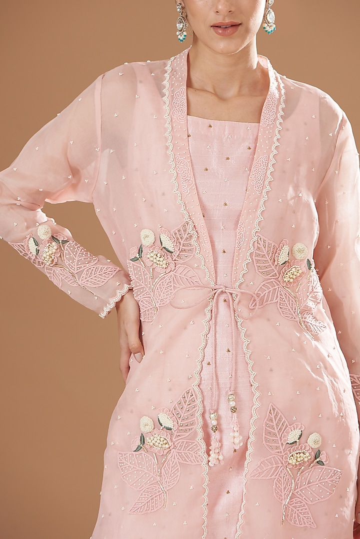 Pink Organza & Raw Silk Embroidered Jacket Set by Yashodhara at Pernia's Pop Up Shop