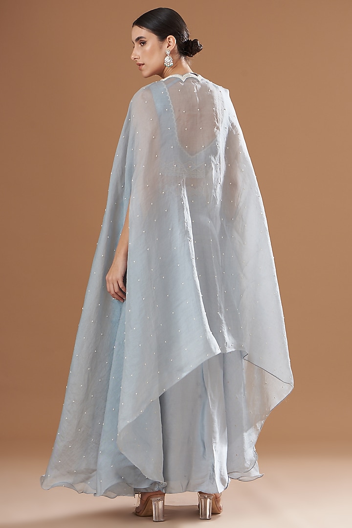 Dull Blue Organza & Raw Silk Draped Skirt Set by Yashodhara at Pernia's Pop Up Shop