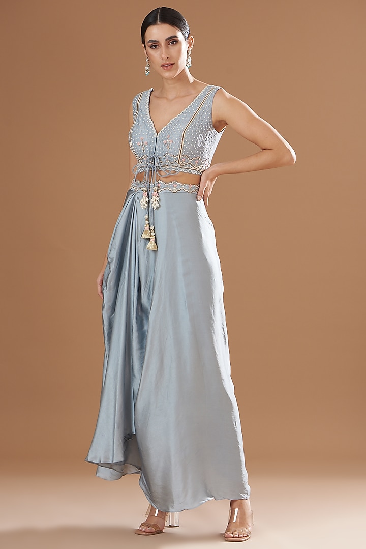 Dull Blue Organza & Raw Silk Draped Skirt Set by Yashodhara at Pernia's Pop Up Shop