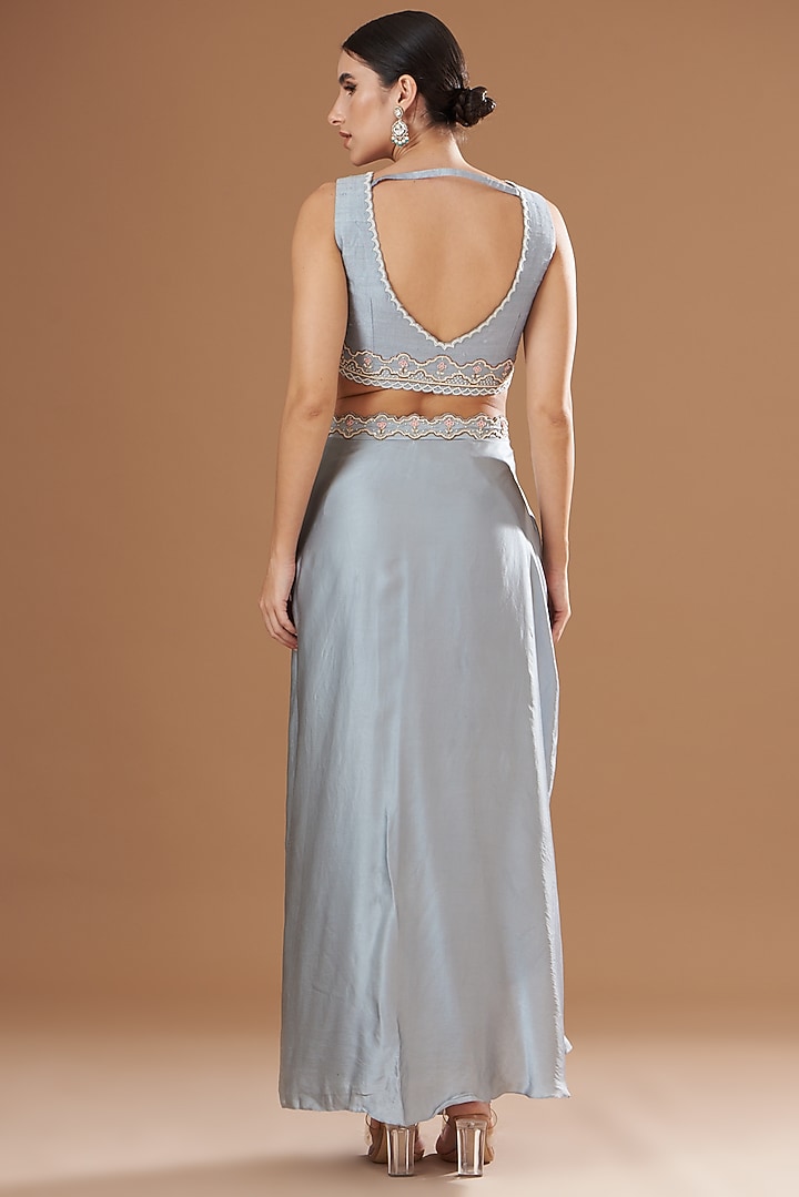 Dull Blue Organza & Raw Silk Draped Skirt Set by Yashodhara at Pernia's Pop Up Shop