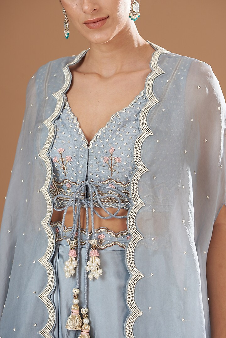 Dull Blue Organza & Raw Silk Draped Skirt Set by Yashodhara at Pernia's Pop Up Shop