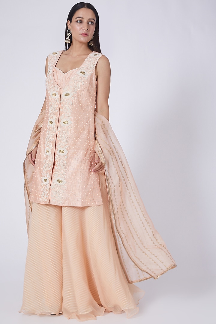 Peach Raw Silk Jacket Set by Yashodhara