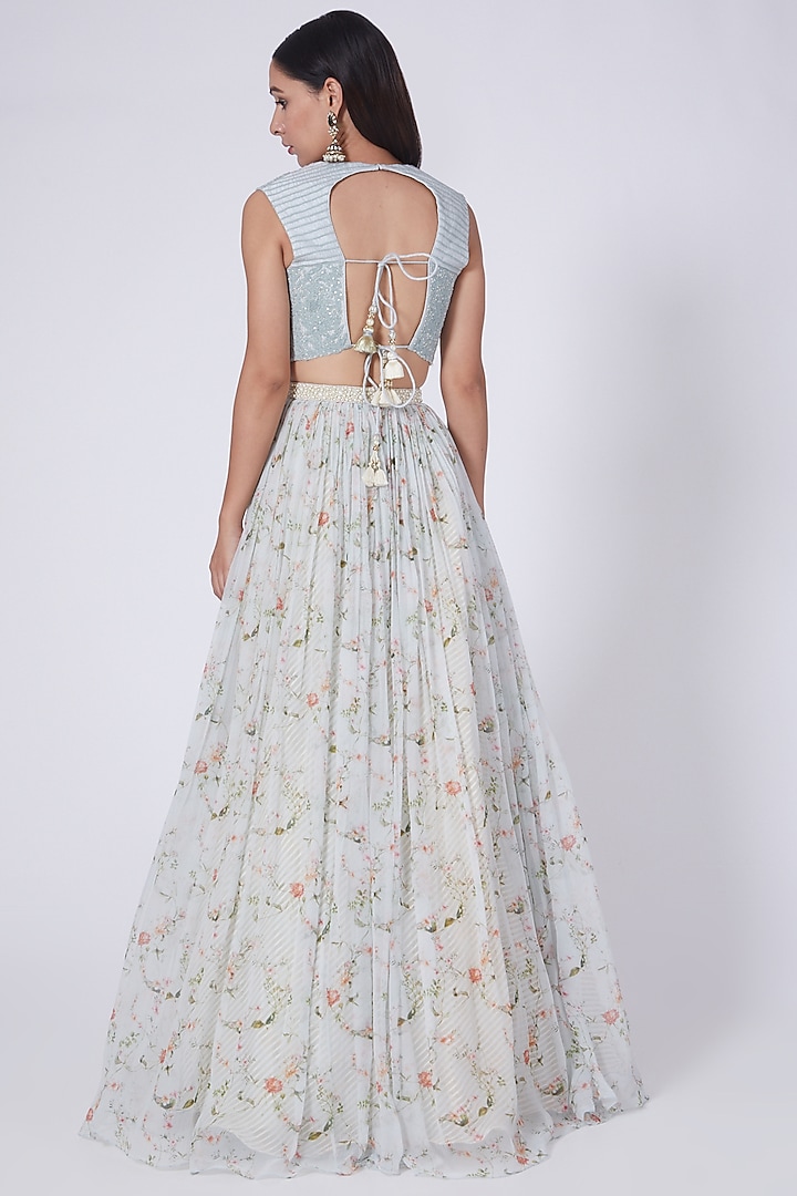 Sky Blue Digital Printed Wedding Lehenga Set by Yashodhara at Pernia's Pop Up Shop