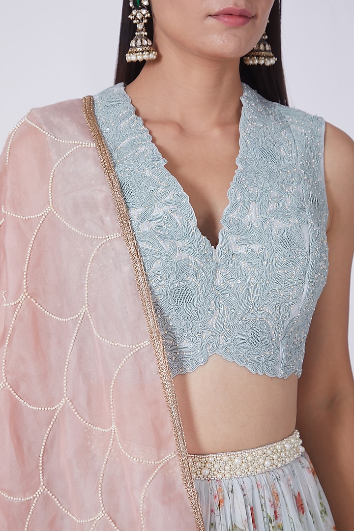 Sky Blue Digital Printed Wedding Lehenga Set by Yashodhara at Pernia's Pop Up Shop
