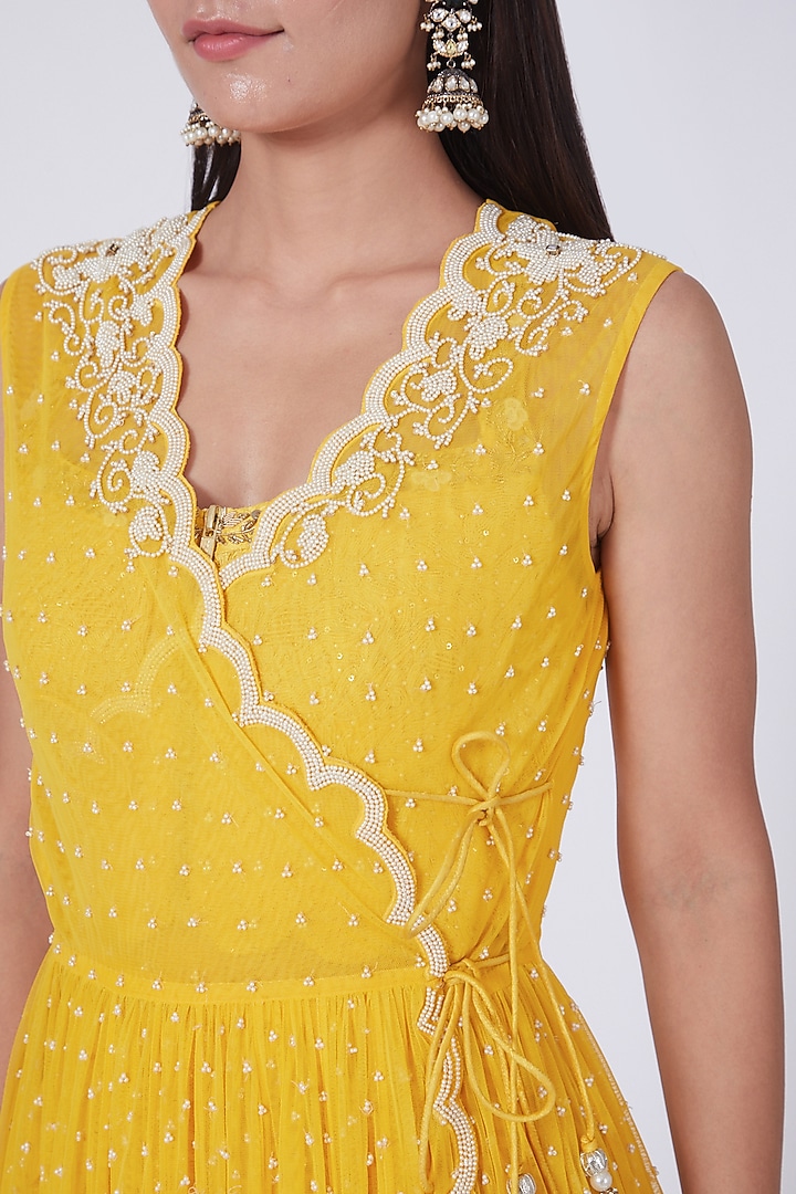 Yellow Raw Silk Angrakha Wedding Anarkali Set by Yashodhara at Pernia's Pop Up Shop