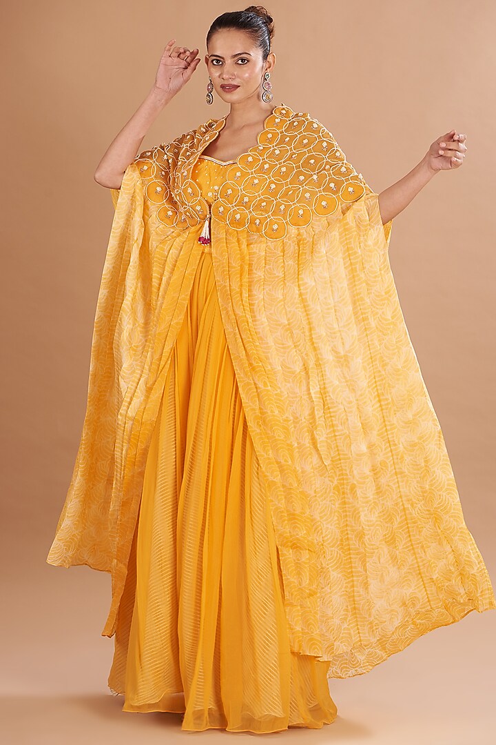 Yellow Shibori Embroidered Cape Set by Yashodhara at Pernia's Pop Up Shop