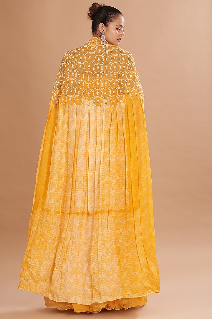 Yellow Shibori Embroidered Cape Set by Yashodhara at Pernia's Pop Up Shop