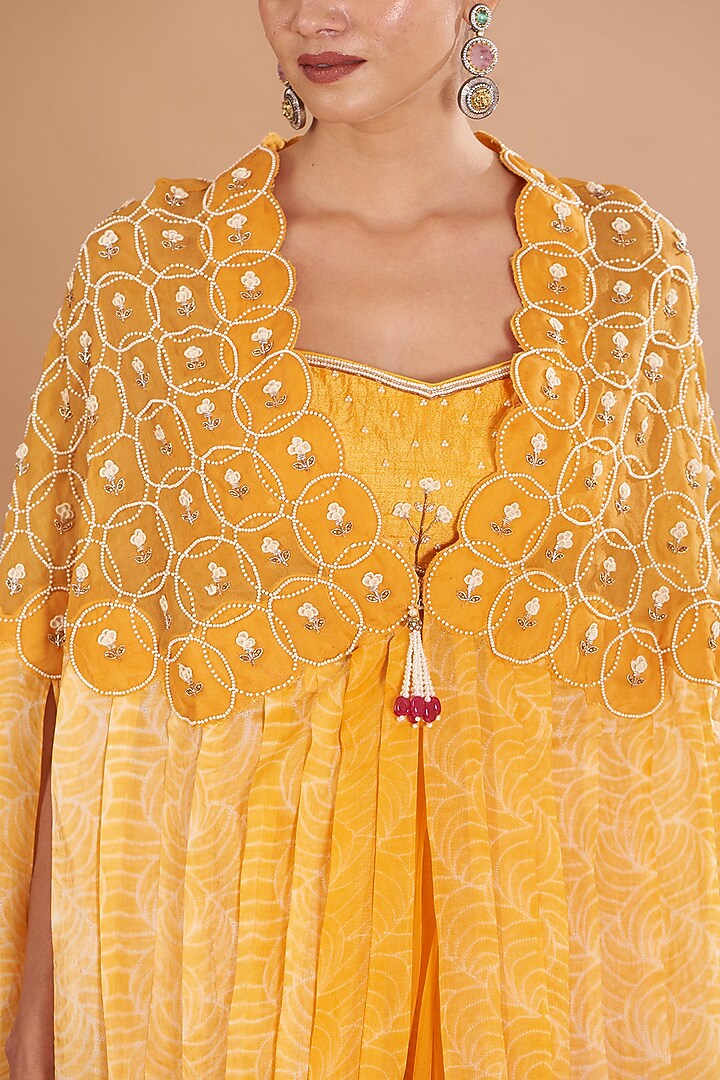 Yellow Shibori Embroidered Cape Set by Yashodhara at Pernia's Pop Up Shop