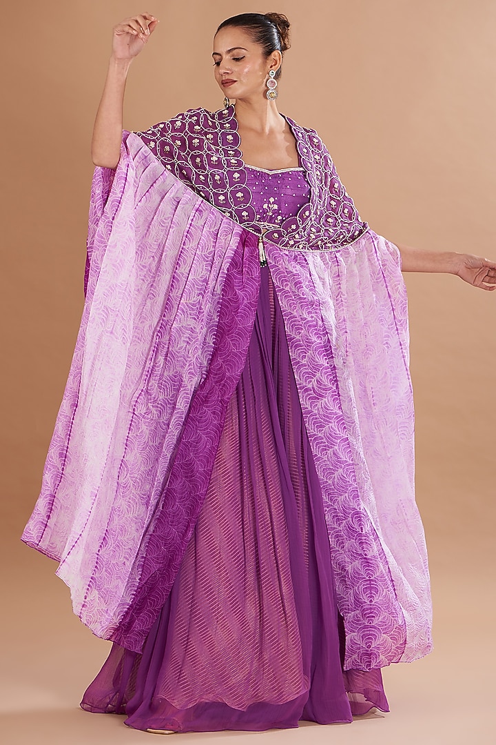 Purple Shibori Embroidered Cape Set by Yashodhara at Pernia's Pop Up Shop