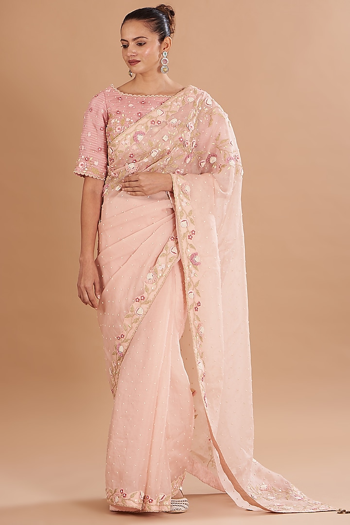 Pink Organza Embroidered Wedding Saree Set by Yashodhara at Pernia's Pop Up Shop
