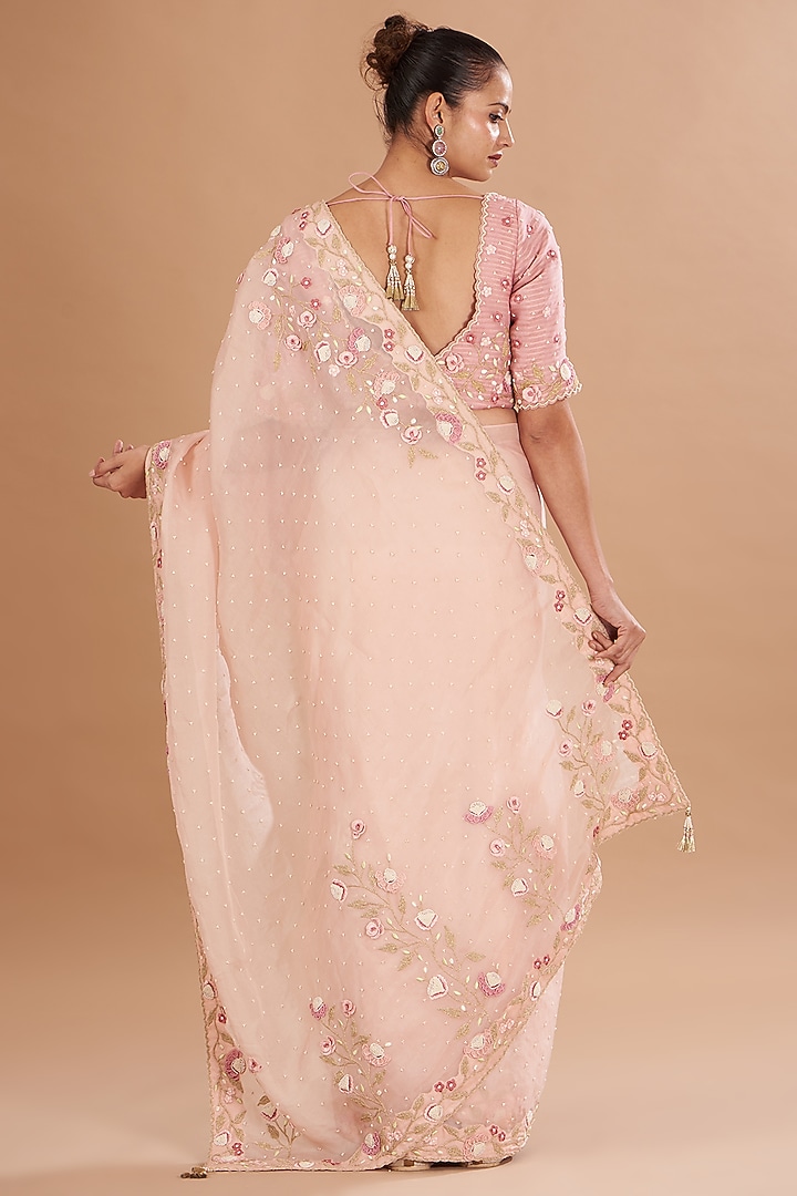 Pink Organza Embroidered Wedding Saree Set by Yashodhara at Pernia's Pop Up Shop