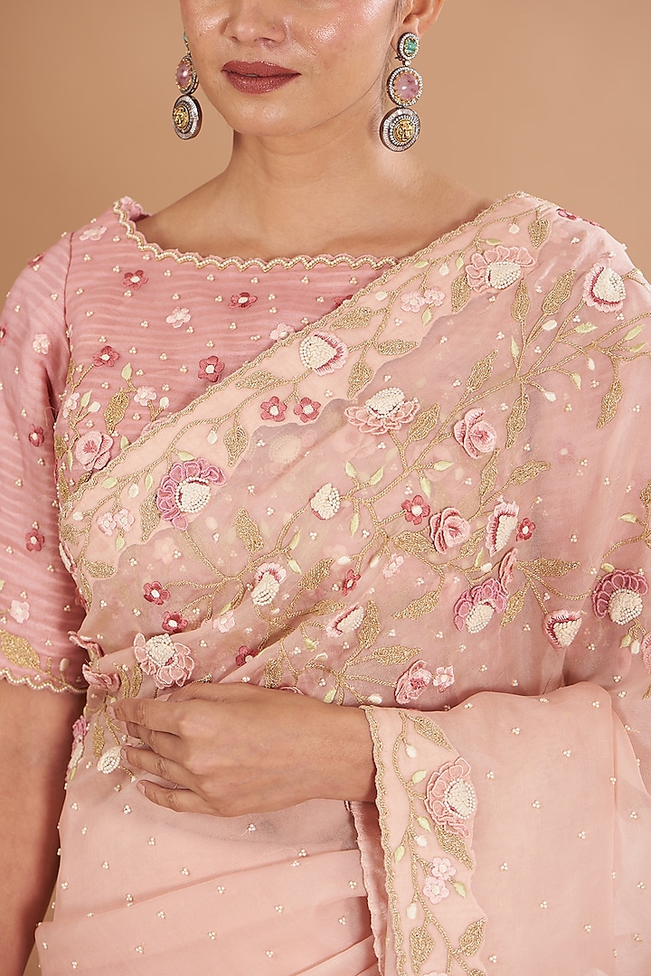 Pink Organza Embroidered Wedding Saree Set by Yashodhara at Pernia's Pop Up Shop