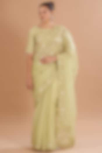 Jade Green Organza Embroidered Saree Set by Yashodhara at Pernia's Pop Up Shop