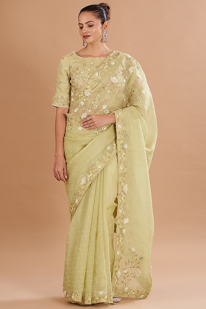 Jade Green Organza Embroidered Saree Set by Yashodhara at Pernia's Pop Up Shop