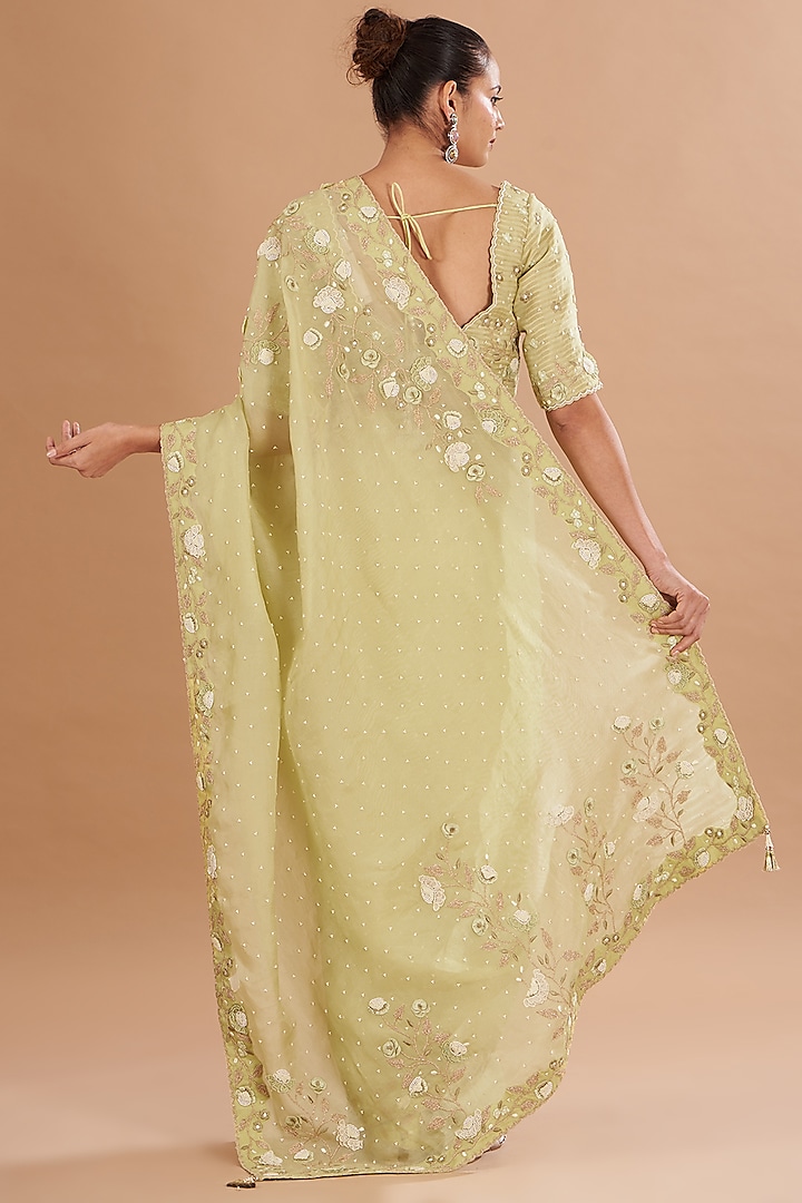 Jade Green Organza Embroidered Wedding Saree Set by Yashodhara at Pernia's Pop Up Shop