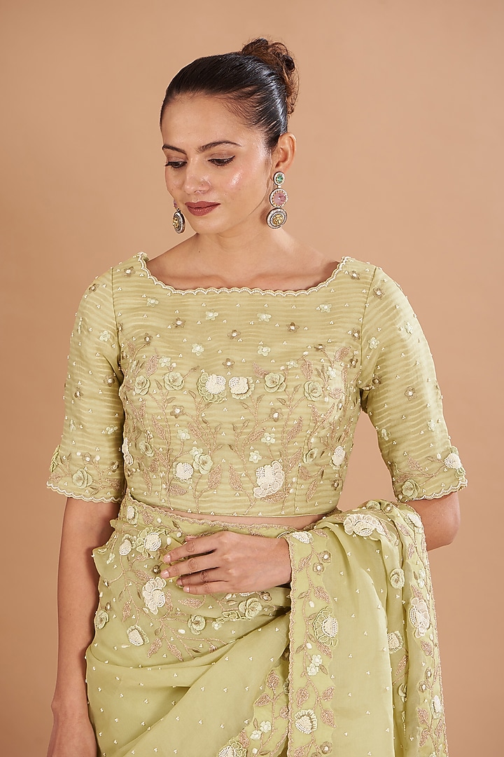 Jade Green Organza Embroidered Wedding Saree Set by Yashodhara at Pernia's Pop Up Shop