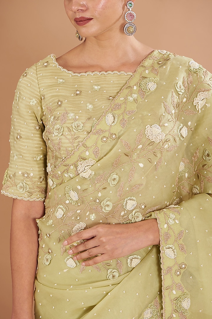 Jade Green Organza Embroidered Wedding Saree Set by Yashodhara at Pernia's Pop Up Shop