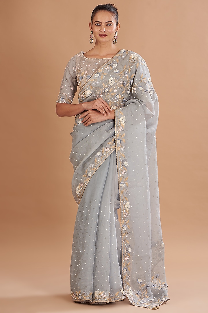 Dull Blue Organza Embroidered Wedding Saree Set by Yashodhara at Pernia's Pop Up Shop