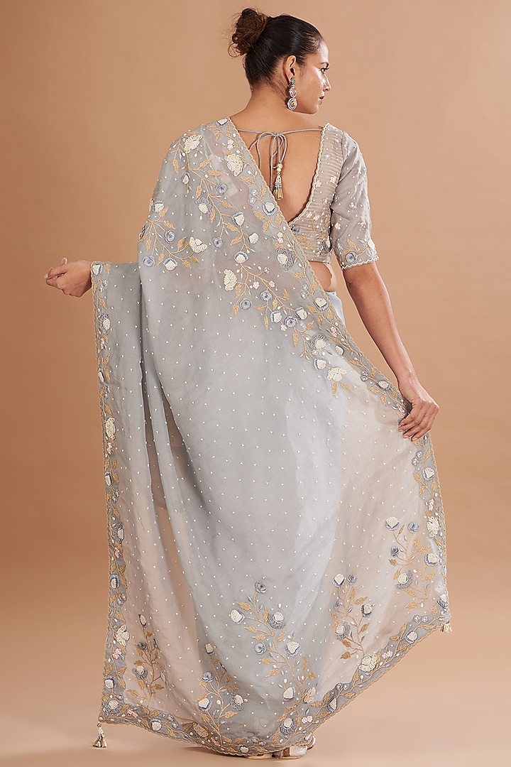 Dull Blue Organza Embroidered Wedding Saree Set by Yashodhara at Pernia's Pop Up Shop