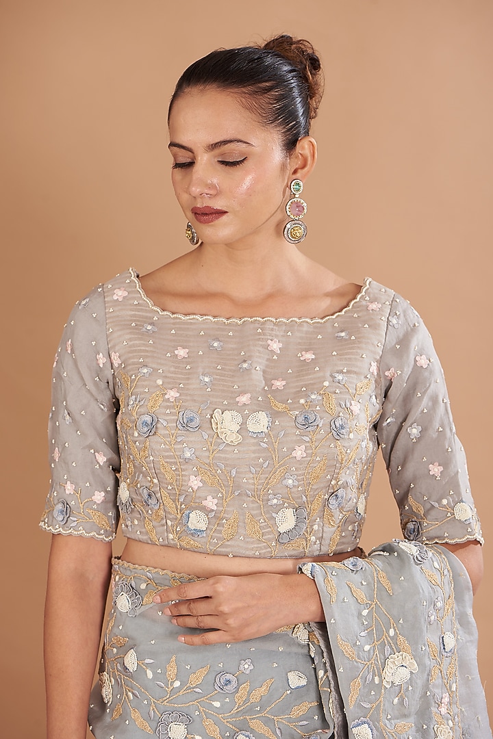 Dull Blue Organza Embroidered Wedding Saree Set by Yashodhara at Pernia's Pop Up Shop