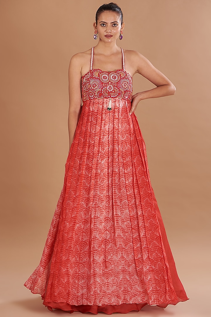 Red Shibori Embroidered Wedding Anarkali Set by Yashodhara at Pernia's Pop Up Shop