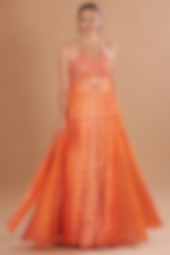 Orange Shibori Embroidered Wedding Anarkali Set by Yashodhara at Pernia's Pop Up Shop