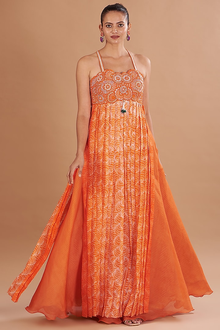 Orange Shibori Embroidered Wedding Anarkali Set by Yashodhara at Pernia's Pop Up Shop