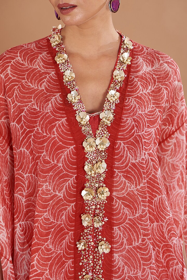 Red Organza Embroidered Shibori Cape Set by Yashodhara at Pernia's Pop Up Shop