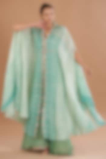 Eco Green Organza Embroidered Shibori Cape Set by Yashodhara at Pernia's Pop Up Shop