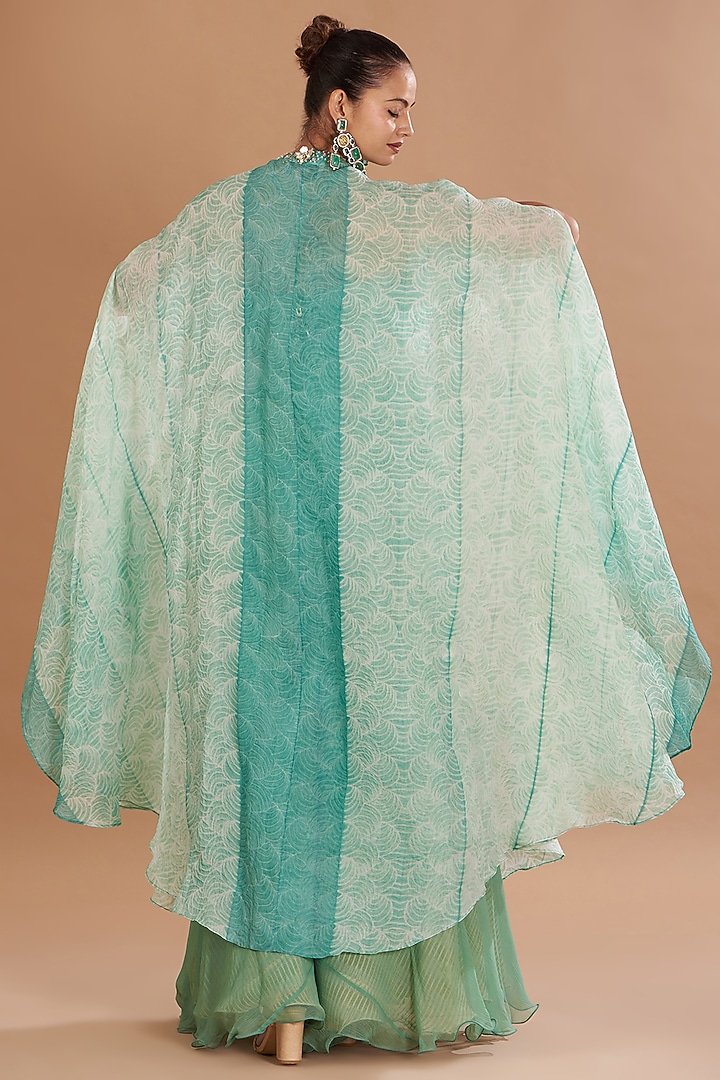 Eco Green Organza Embroidered Shibori Cape Set by Yashodhara at Pernia's Pop Up Shop