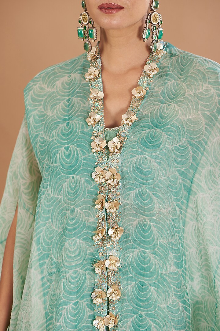 Eco Green Organza Embroidered Shibori Cape Set by Yashodhara at Pernia's Pop Up Shop
