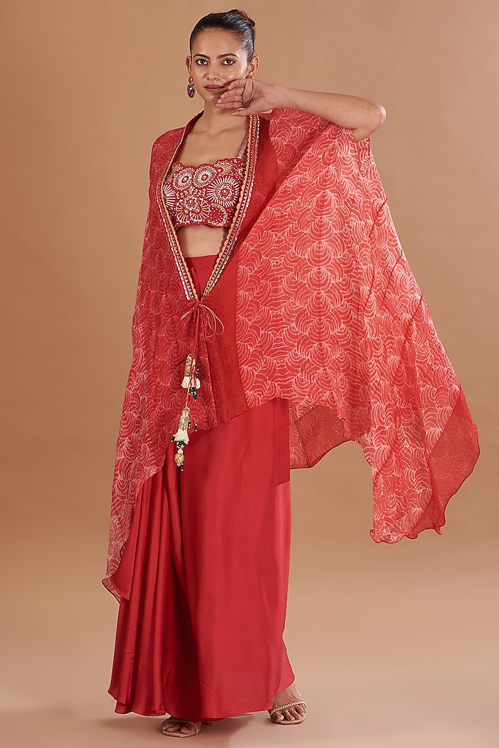 Red Chamoise Satin & Raw Silk Draped Skirt Set by Yashodhara at Pernia's Pop Up Shop
