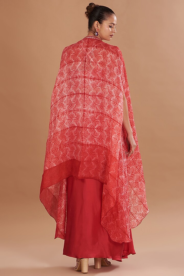 Red Chamoise Satin & Raw Silk Draped Skirt Set by Yashodhara at Pernia's Pop Up Shop