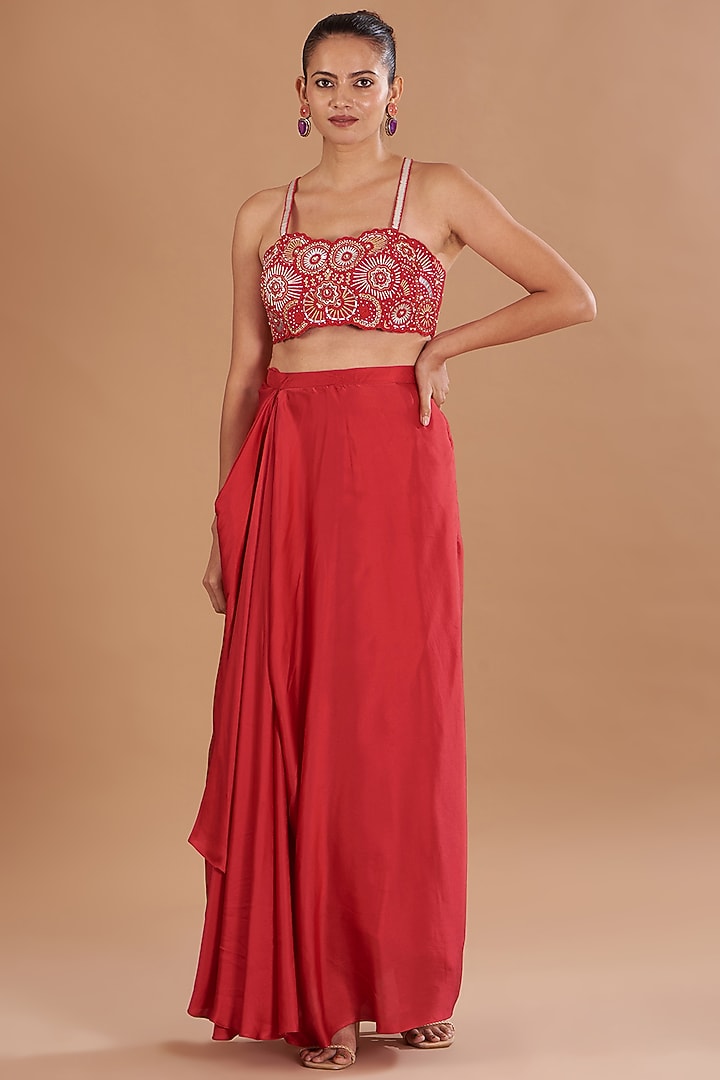 Red Chamoise Satin & Raw Silk Draped Skirt Set by Yashodhara at Pernia's Pop Up Shop