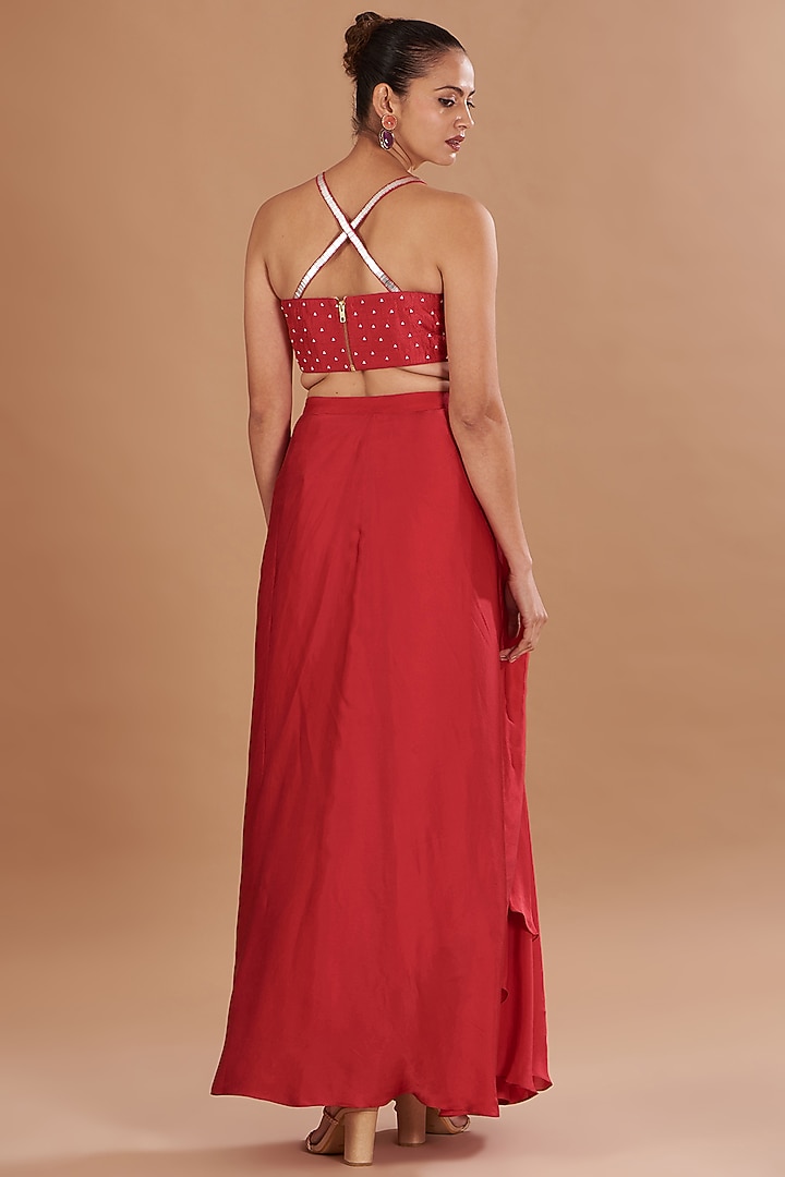 Red Chamoise Satin & Raw Silk Draped Skirt Set by Yashodhara at Pernia's Pop Up Shop