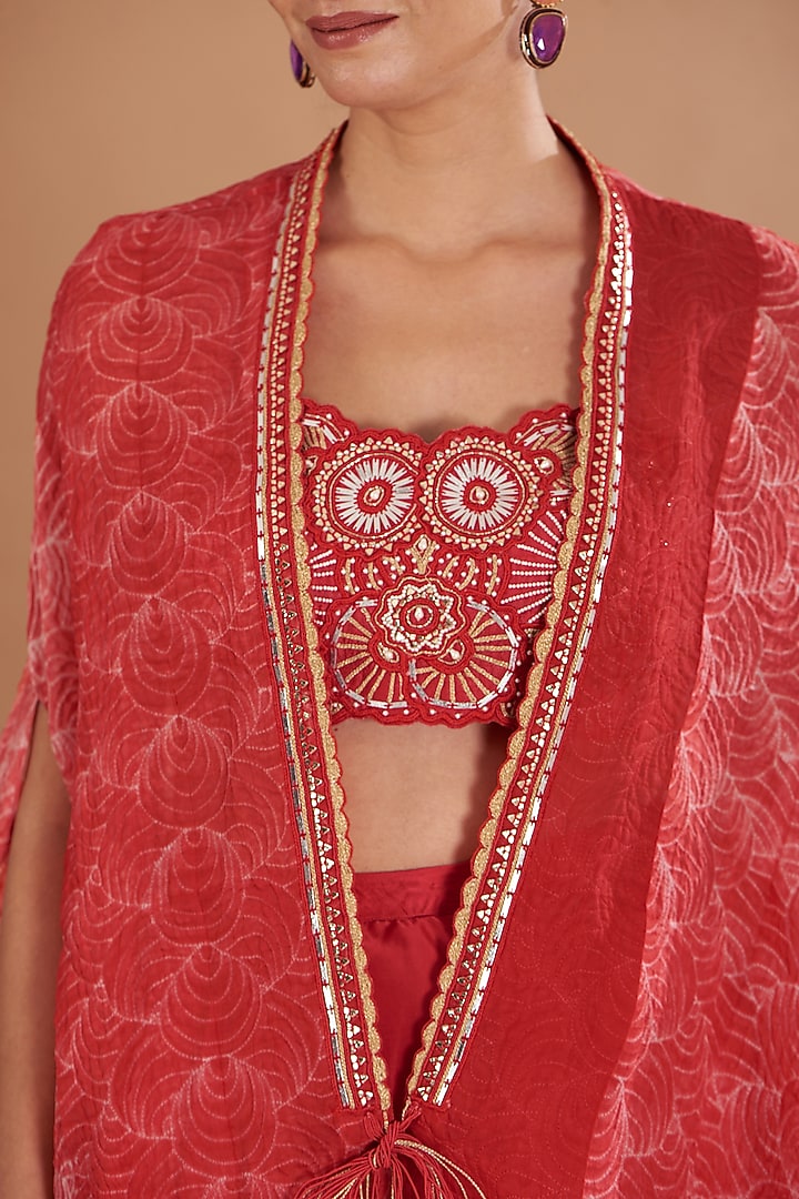 Red Chamoise Satin & Raw Silk Draped Skirt Set by Yashodhara at Pernia's Pop Up Shop