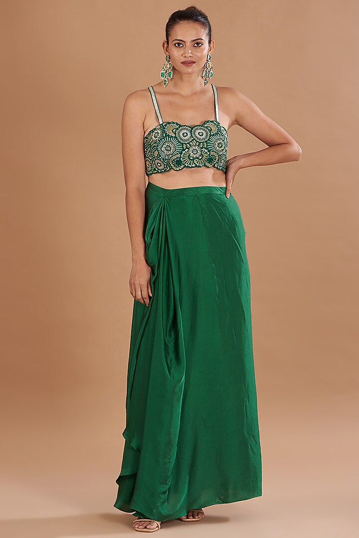 Green Chamoise Satin & Raw Silk Draped Skirt Set by Yashodhara at Pernia's Pop Up Shop