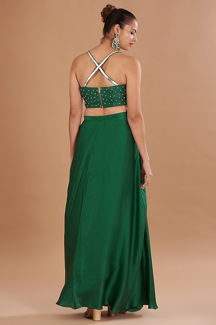Green Chamoise Satin & Raw Silk Draped Skirt Set by Yashodhara at Pernia's Pop Up Shop