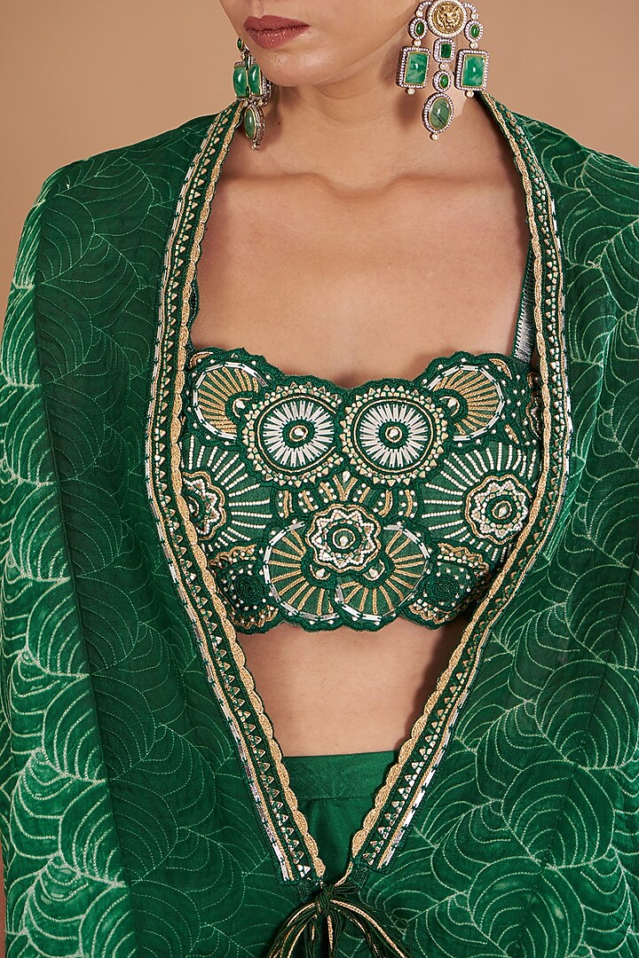 Green Chamoise Satin & Raw Silk Draped Skirt Set by Yashodhara at Pernia's Pop Up Shop