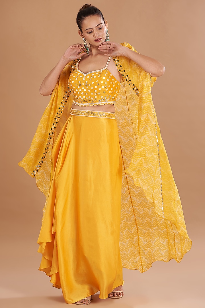 Yellow Chamoise Satin & Raw Silk Draped Skirt Set by Yashodhara at Pernia's Pop Up Shop