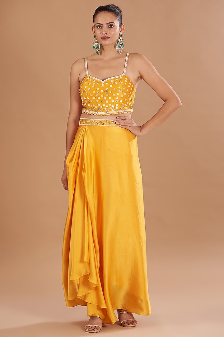Yellow Chamoise Satin & Raw Silk Draped Skirt Set by Yashodhara at Pernia's Pop Up Shop